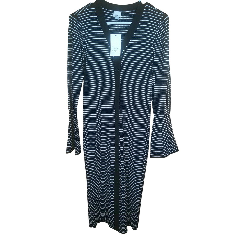 A New Day Women's Black White Striped Button Down Maxi Cardigan Dress Small NWT